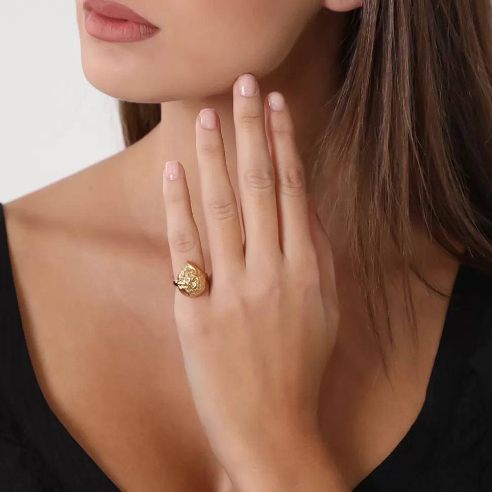 Women Folli Follie Rings^Archaics Gold Plated Ring Carved Drop