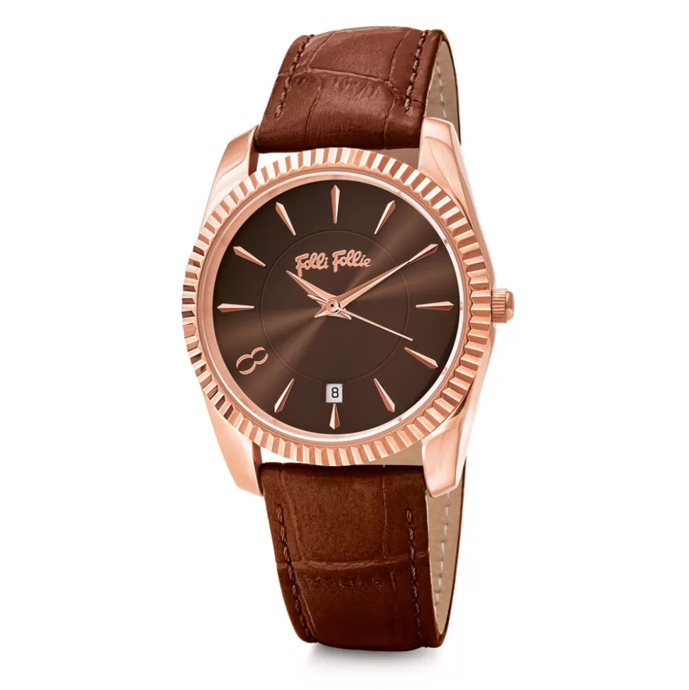 Women Folli Follie Leather Strap^Chronos Tales Big Case Leather Watch