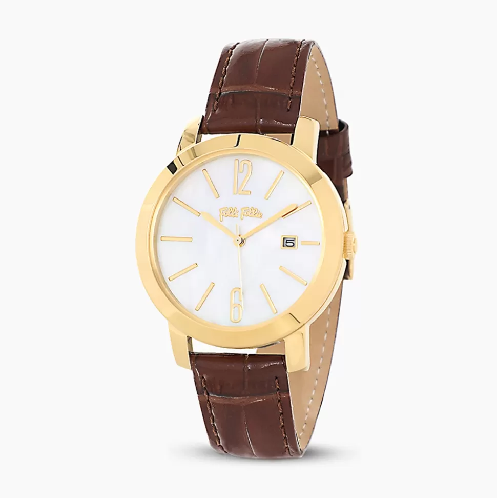 Women Folli Follie Leather Strap^Drive Me Gold Plated Watch With Brown Leather Strap