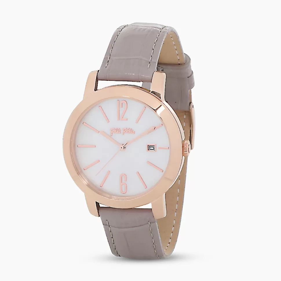 Women Folli Follie Leather Strap^Drive Me Rose Gold Plated Watch With Gray Leather Strap