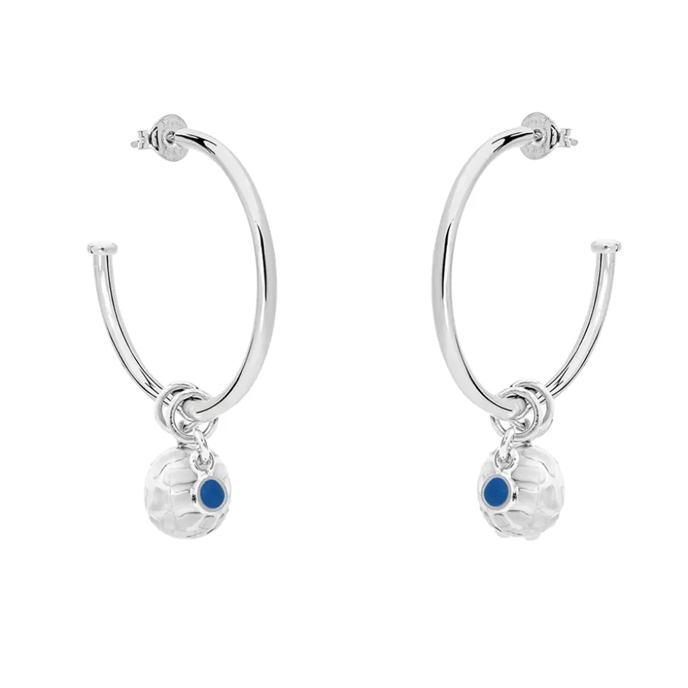 Women Folli Follie Earrings^Fashionable.Me Large Silver Hoops With Sphere And Blue Round Charms