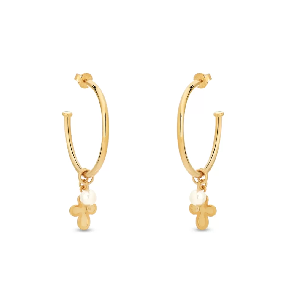 Women Folli Follie Earrings^Fashionable.Me Medium Gold Plated Hoops With Cross And Pearl Charms