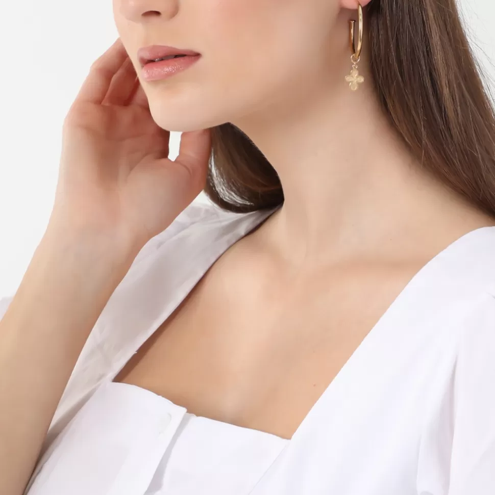 Women Folli Follie Earrings^Fashionable.Me Medium Gold Plated Hoops With Cross And Pearl Charms