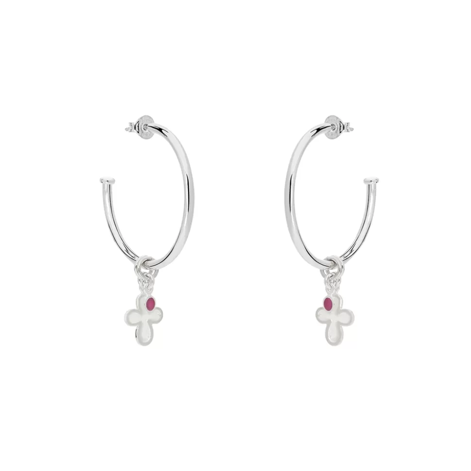 Women Folli Follie Earrings^Fashionable.Me Medium Silver Hoops With Cross And Purple Round Charms