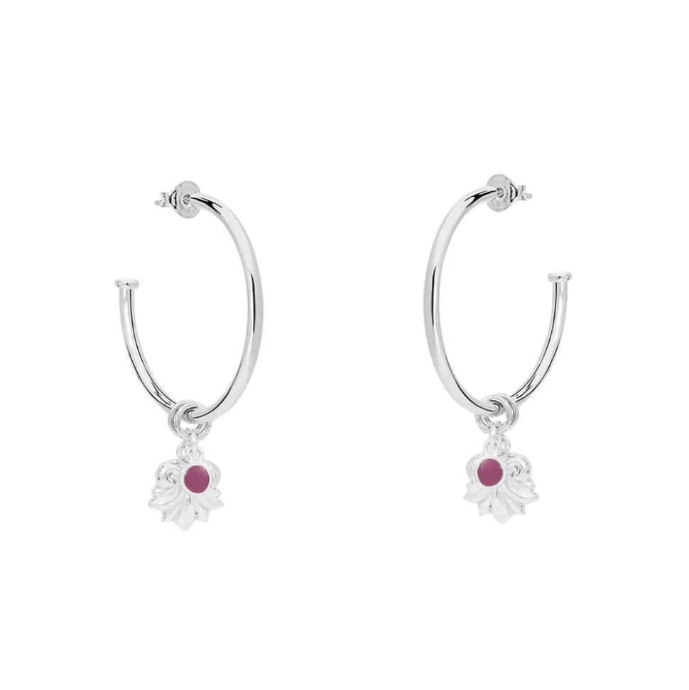 Women Folli Follie Earrings^Fashionable.Me Medium Silver Hoops With Palmette And Purple Round Charms
