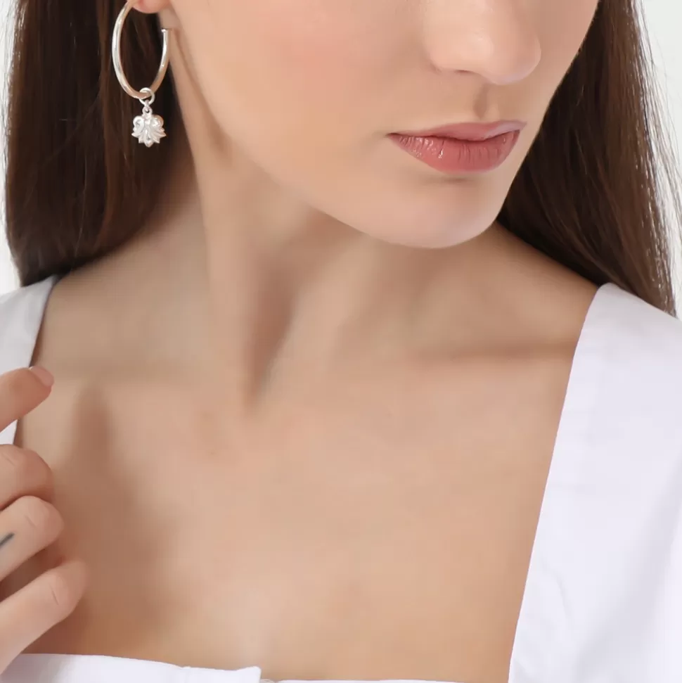 Women Folli Follie Earrings^Fashionable.Me Medium Silver Hoops With Palmette And Purple Round Charms