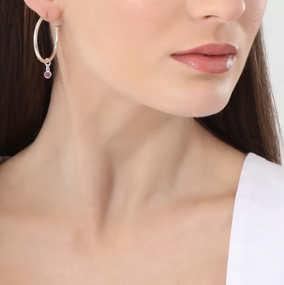 Women Folli Follie Earrings^Fashionable.Me Medium Silver Hoops With Palmette And Purple Round Charms
