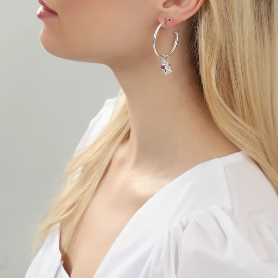 Women Folli Follie Earrings^Fashionable.Me Medium Silver Hoops With Palmette And Purple Round Charms