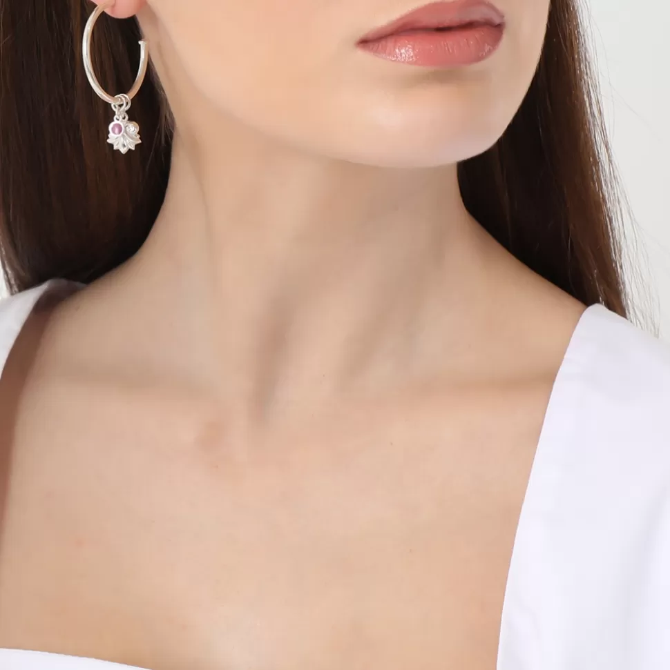 Women Folli Follie Earrings^Fashionable.Me Medium Silver Hoops With Palmette And Purple Round Charms