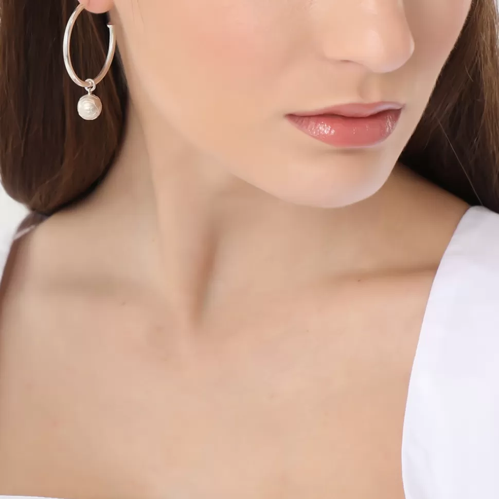 Women Folli Follie Earrings^Fashionable.Me Medium Silver Hoops With Sphere And Blue Round Charms