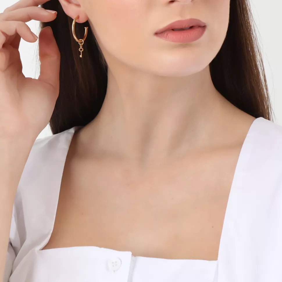 Women Folli Follie Earrings^Fashionable.Me Small Gold Plated Hoops With Heart And Key Charms