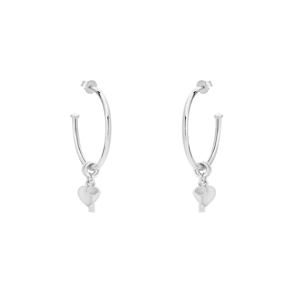 Women Folli Follie Earrings^Fashionable.Me Small Silver Hoops With Heart And Key Charms