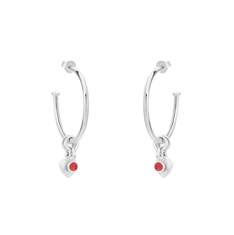 Women Folli Follie Earrings^Fashionable.Me Small Silver Hoops With Heart And Red Round Charms
