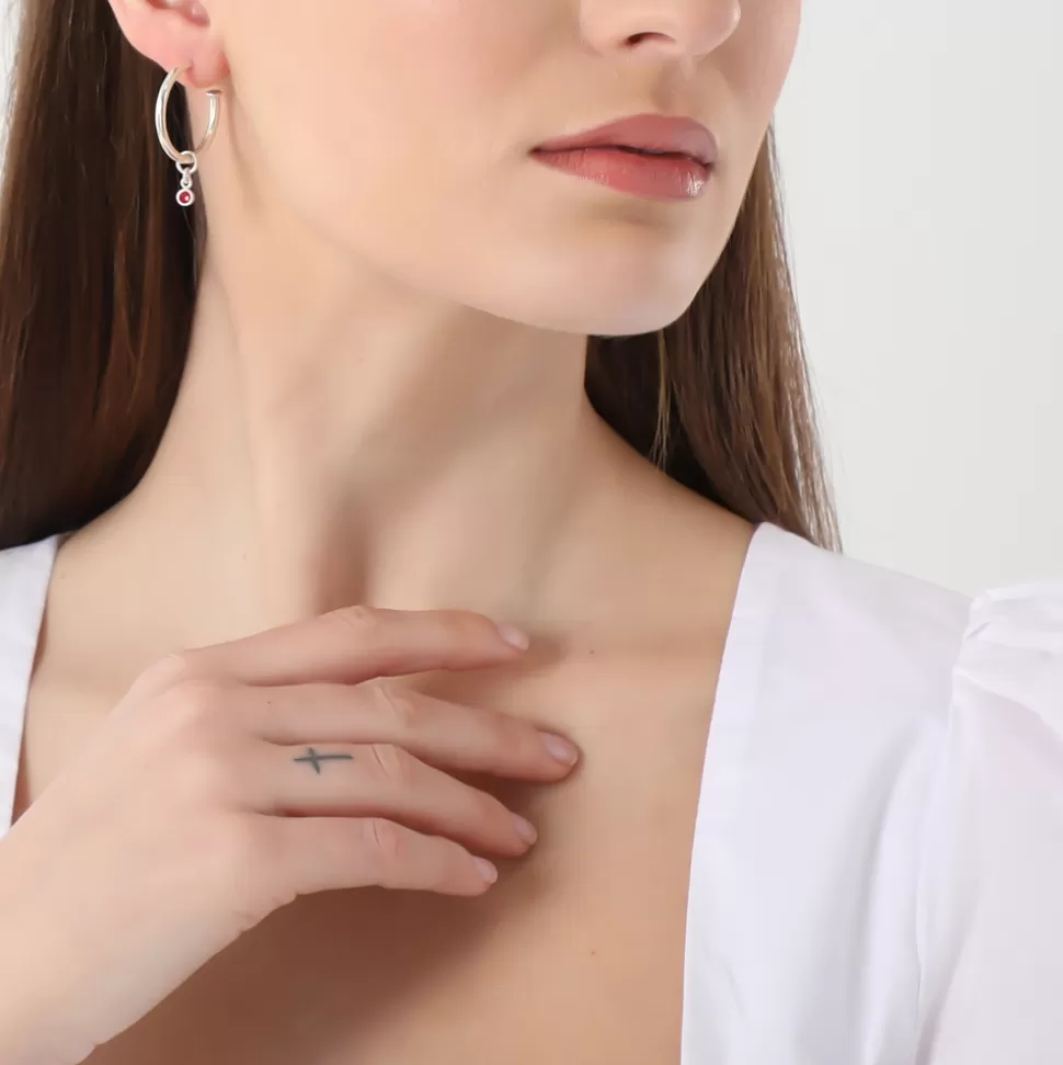 Women Folli Follie Earrings^Fashionable.Me Small Silver Hoops With Heart And Red Round Charms
