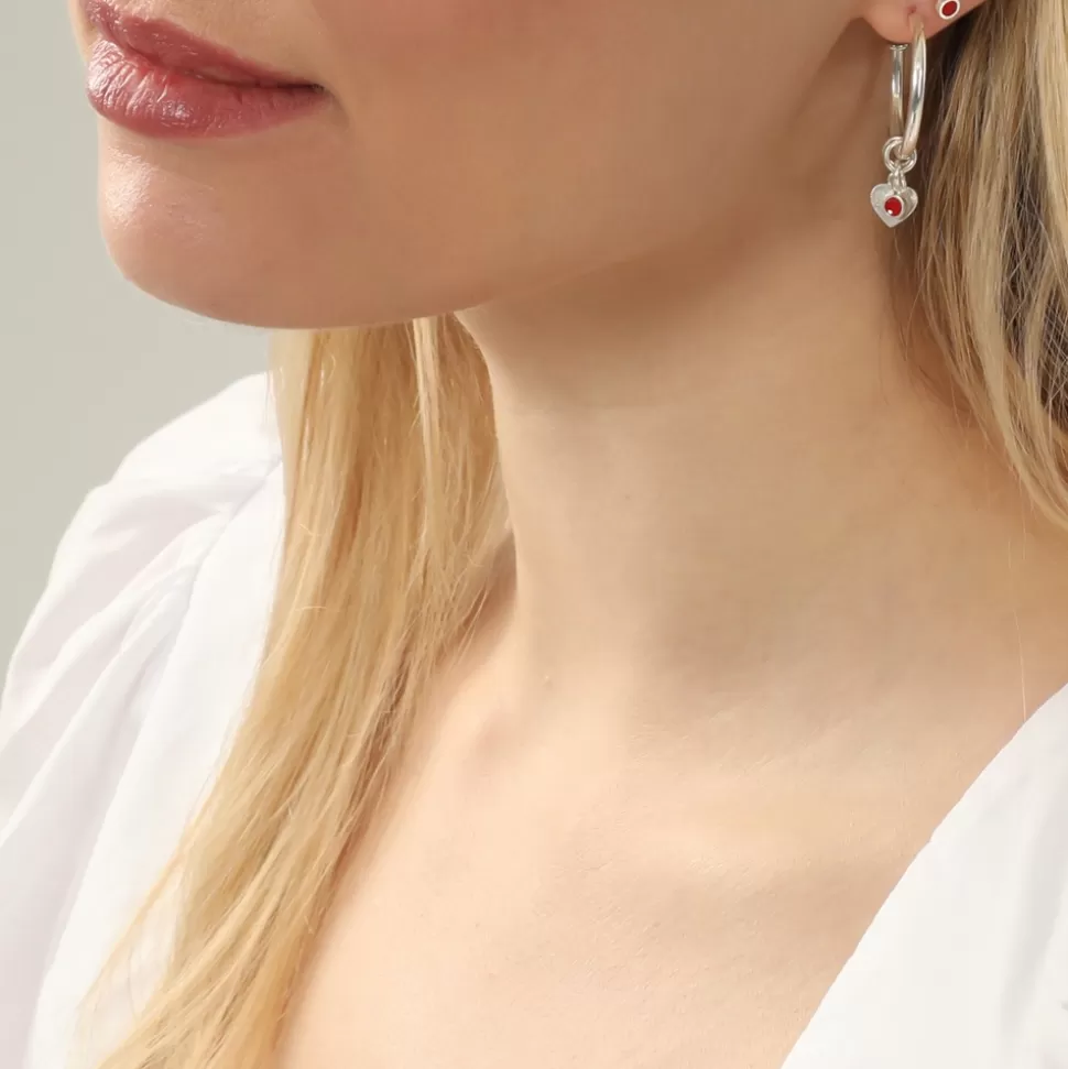 Women Folli Follie Earrings^Fashionable.Me Small Silver Hoops With Heart And Red Round Charms