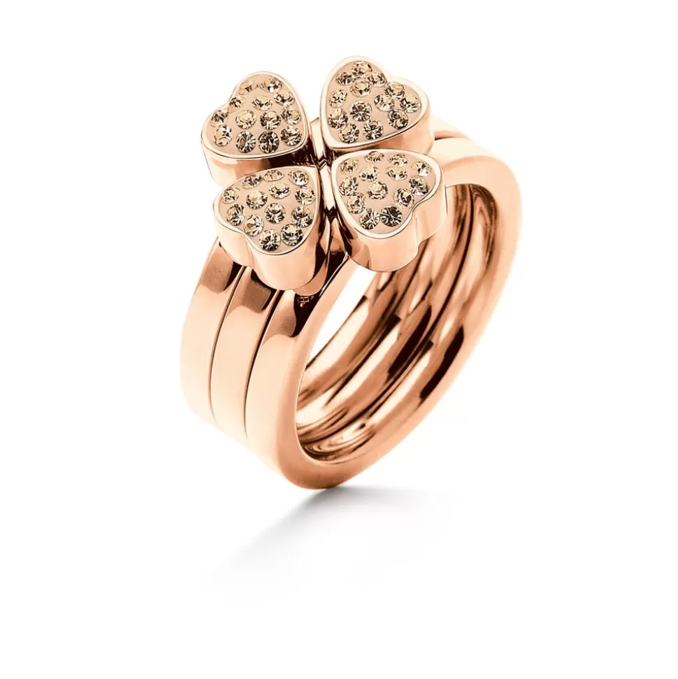 Women Folli Follie Rings^Heart4Heart Rose Gold Plated Pave Champaign Crystal Stone Set Ring
