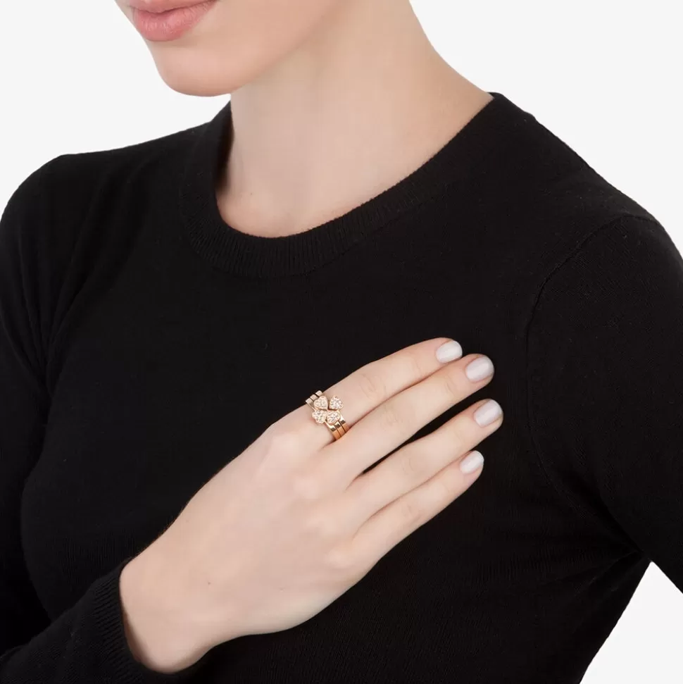 Women Folli Follie Rings^Heart4Heart Rose Gold Plated Pave Champaign Crystal Stone Set Ring