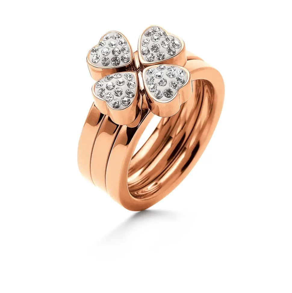 Women Folli Follie Rings^Heart4Heart Rose Gold Plated Pave Clear Crystal Stone Set Ring