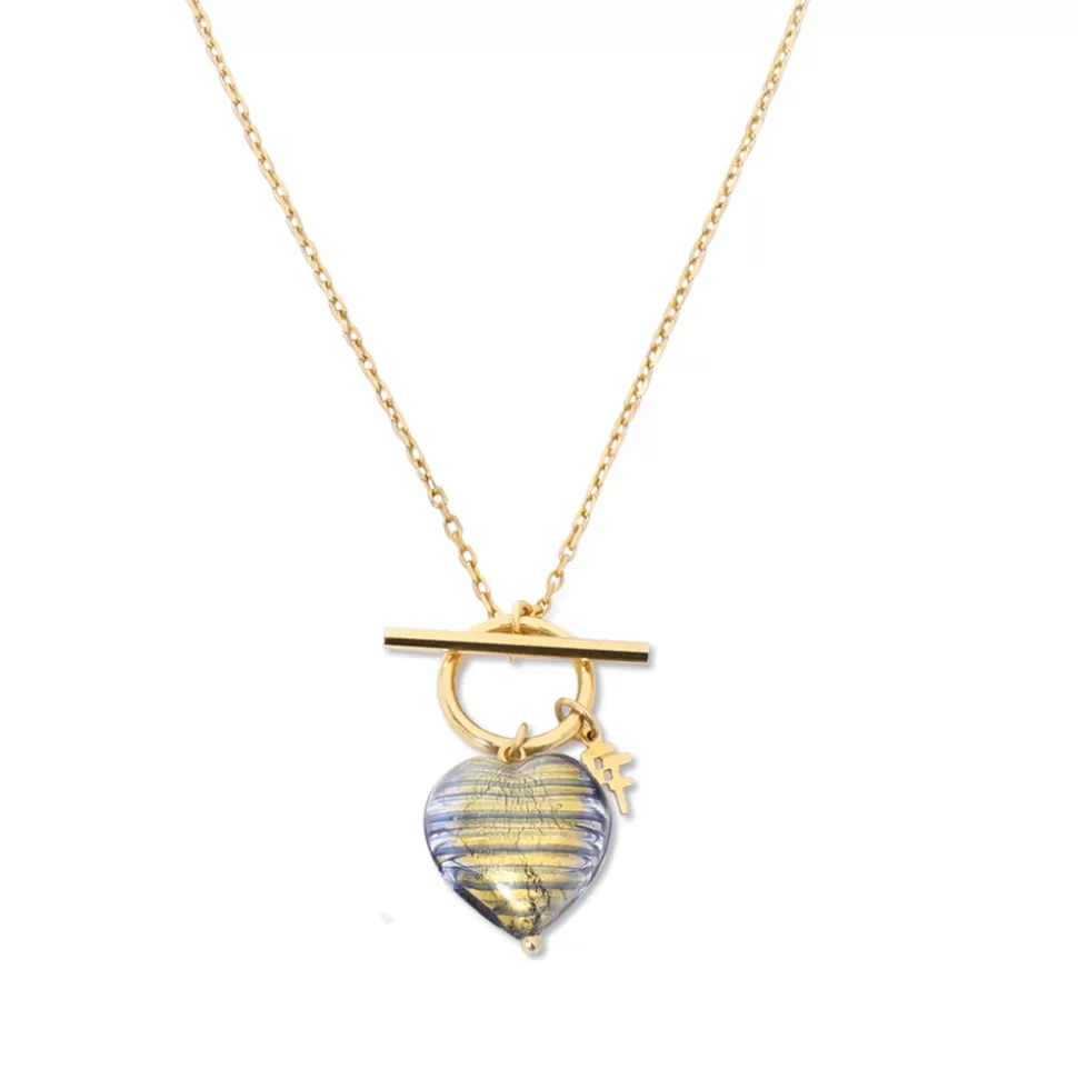 Women Folli Follie Necklaces^Hearty Candy Gold Plated Necklace With Blue-Gold Murrine Glass Heart And Bar Clasp