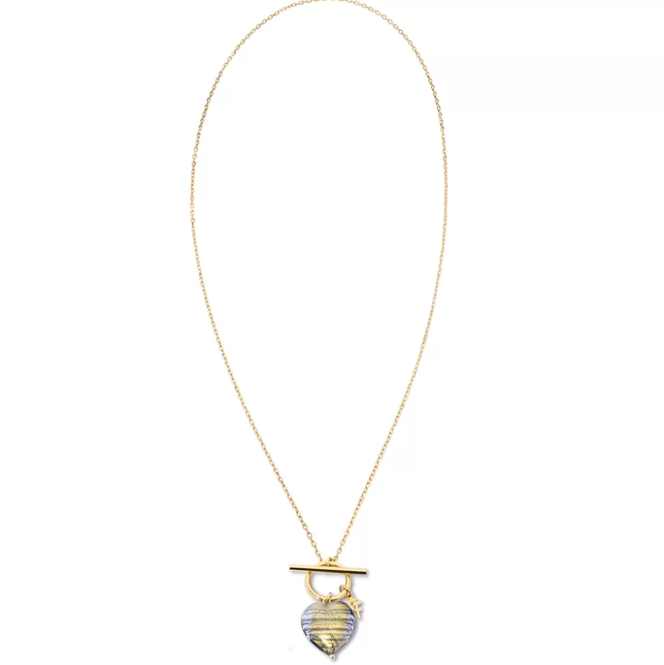 Women Folli Follie Necklaces^Hearty Candy Gold Plated Necklace With Blue-Gold Murrine Glass Heart And Bar Clasp