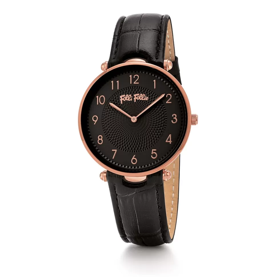 Women Folli Follie Leather Strap^Lady Club Large Case Black Leather Strap Watch