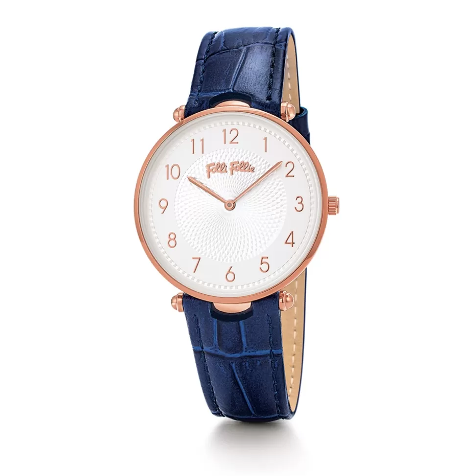 Women Folli Follie Leather Strap^Lady Club Large Case Blue Leather Strap Watch