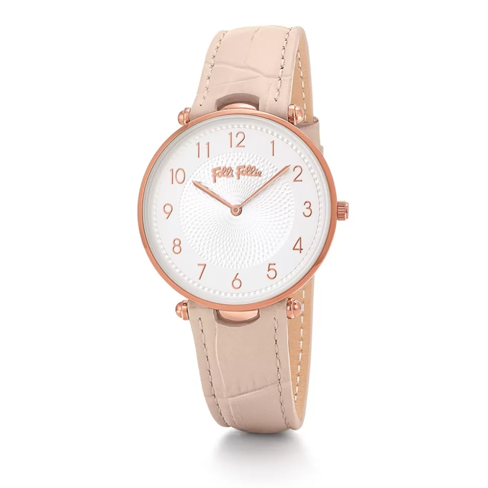 Women Folli Follie Leather Strap^Lady Club Large Case Pink Leather Strap Watch