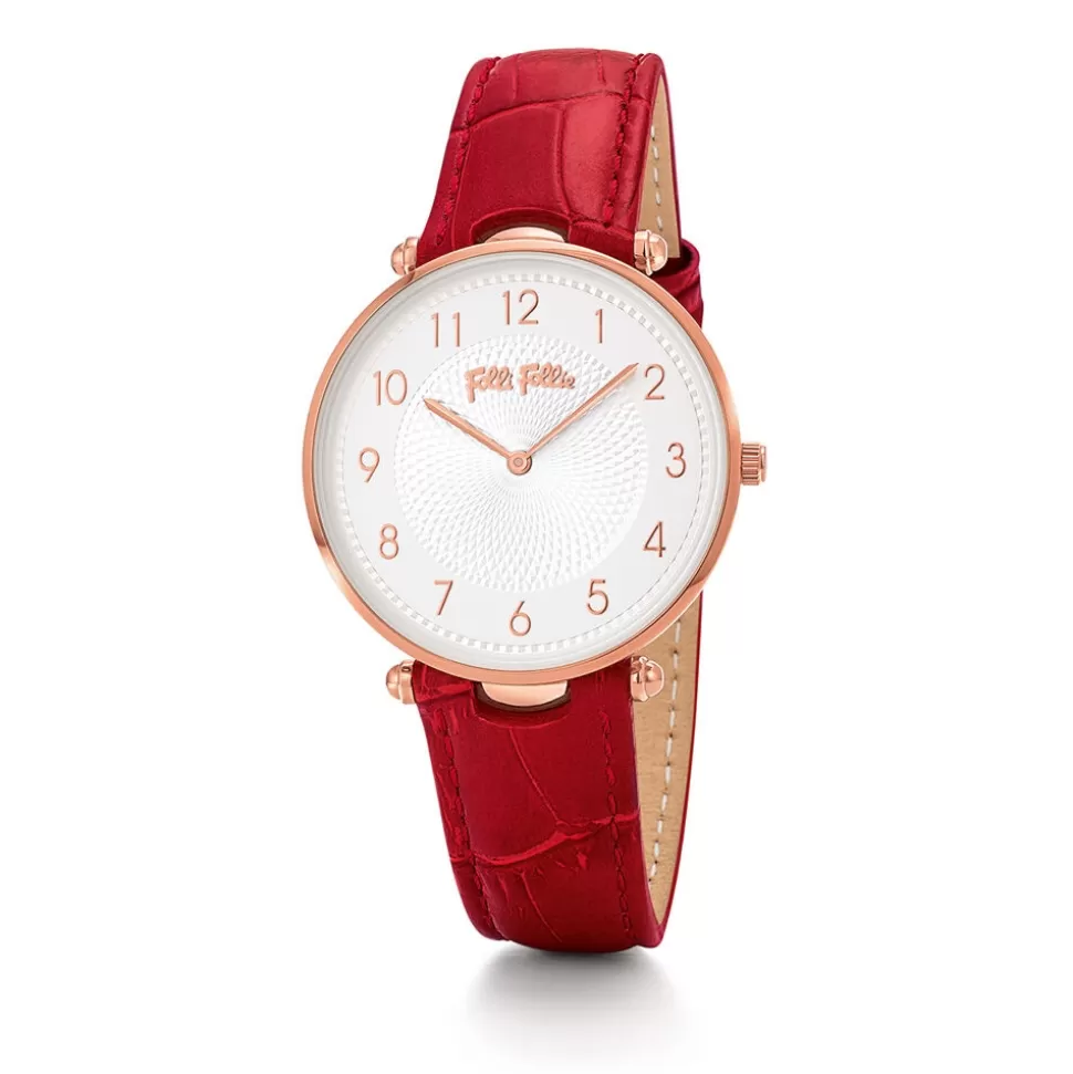 Women Folli Follie Leather Strap^Lady Club Large Case Red Leather Strap Watch