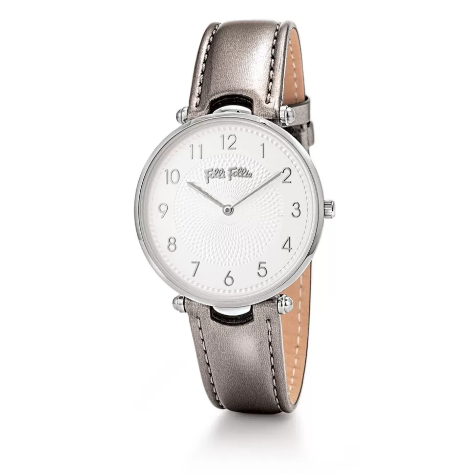 Women Folli Follie Leather Strap^Lady Club Large Case Silver Leather Strap Watch