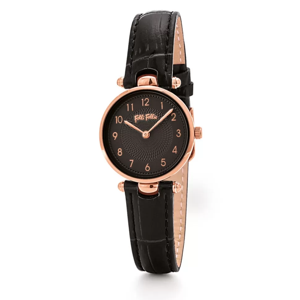 Women Folli Follie Leather Strap^Lady Club Small Case Black Leather Strap Watch