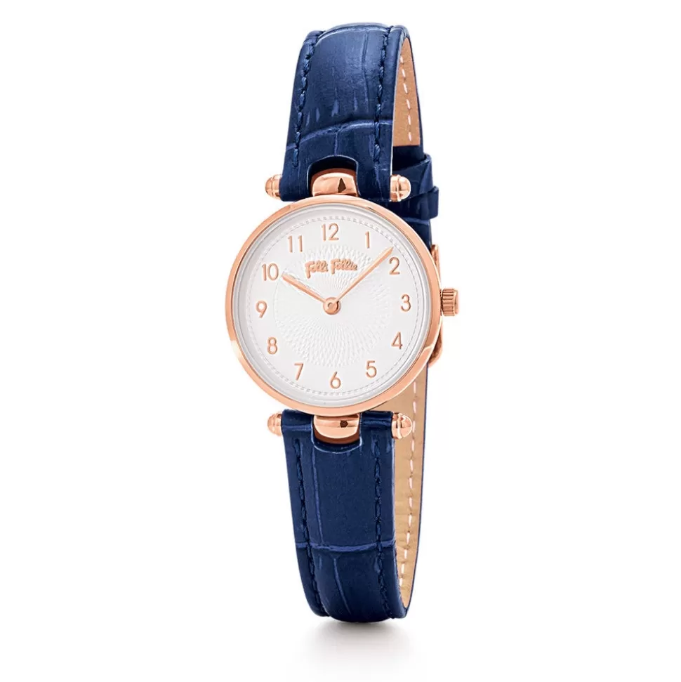 Women Folli Follie Leather Strap^Lady Club Small Case Blue Leather Strap Watch