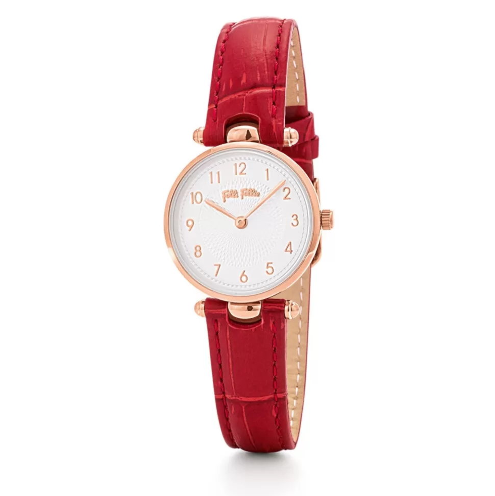 Women Folli Follie Leather Strap^Lady Club Small Case Red Leather Strap Watch