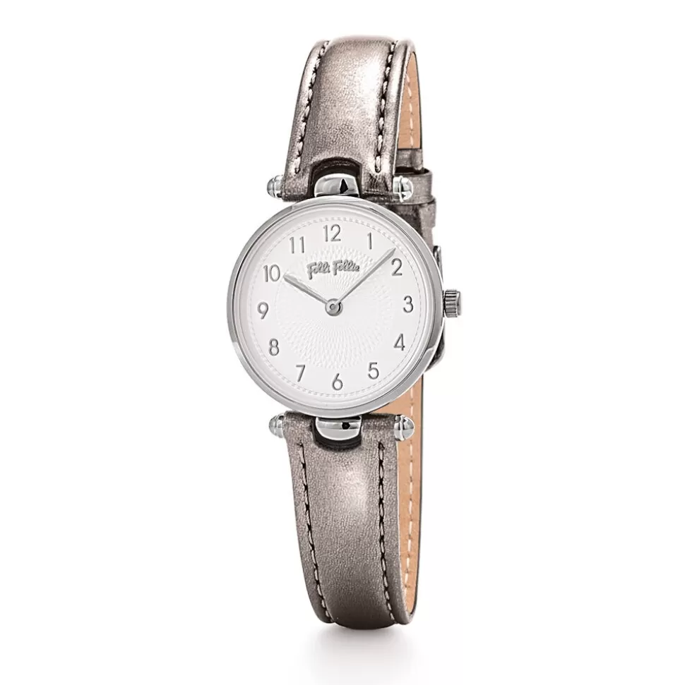 Women Folli Follie Leather Strap^Lady Club Small Case Silver Leather Strap Watch