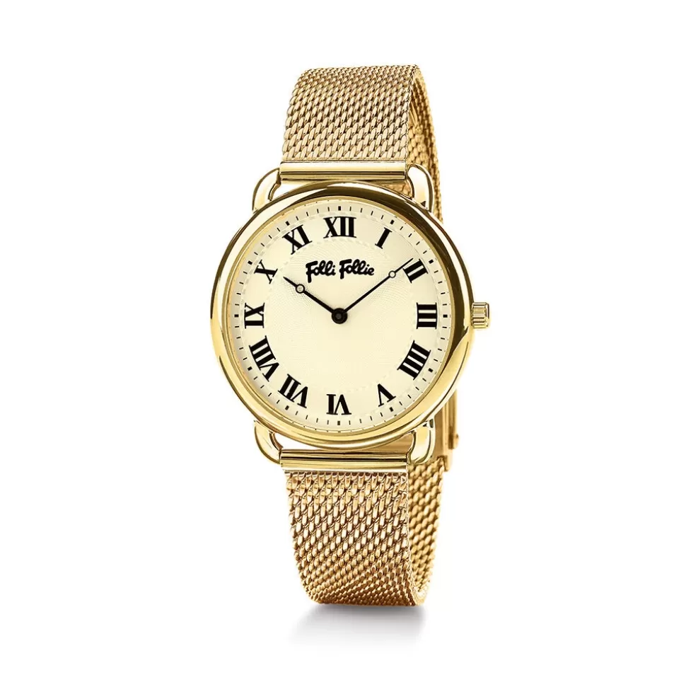 Women Folli Follie Bracelet^Perfect Match Small Yellow Gold Plated Mesh Bracelet Watch