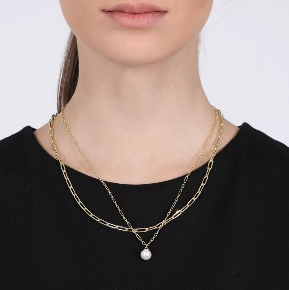 Women Folli Follie Necklaces^The Chain Addiction Gold Plated Double Chain Necklace With Pearl