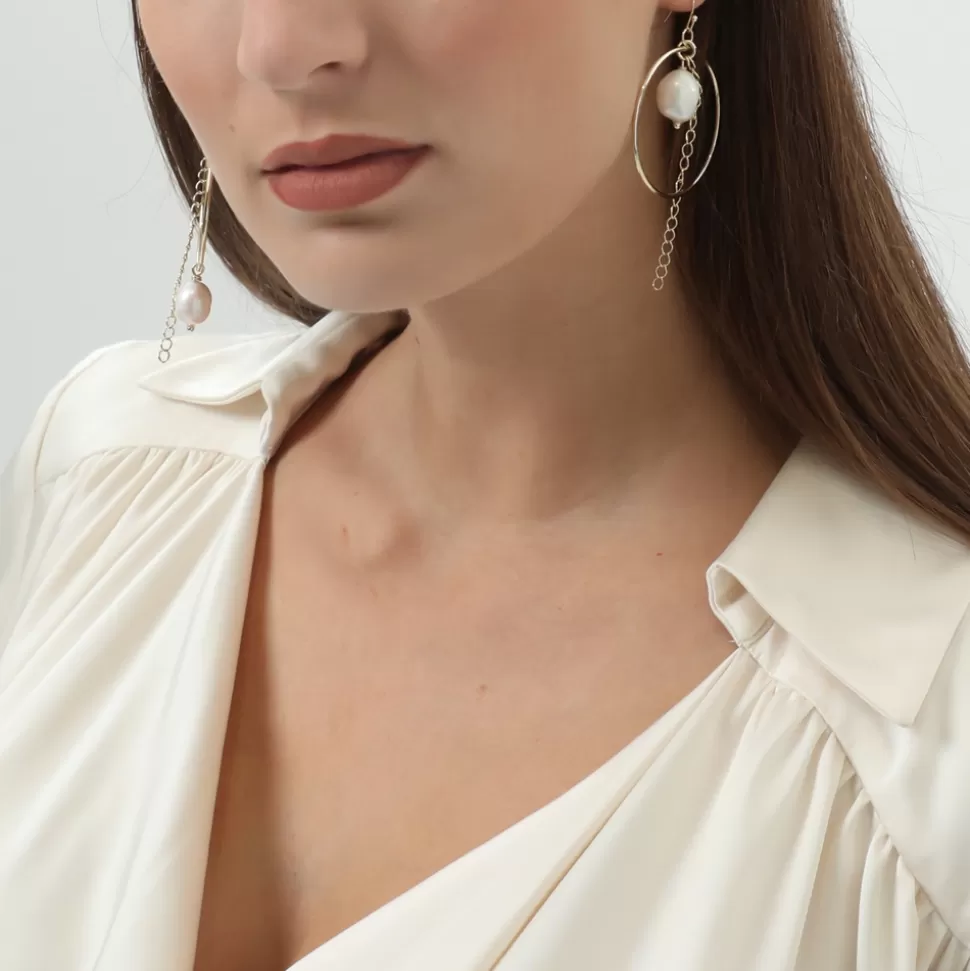 Women Folli Follie Earrings^The Chain Addiction Gold Plated Mismatched Dangle Earrings With Hoops And Pearls