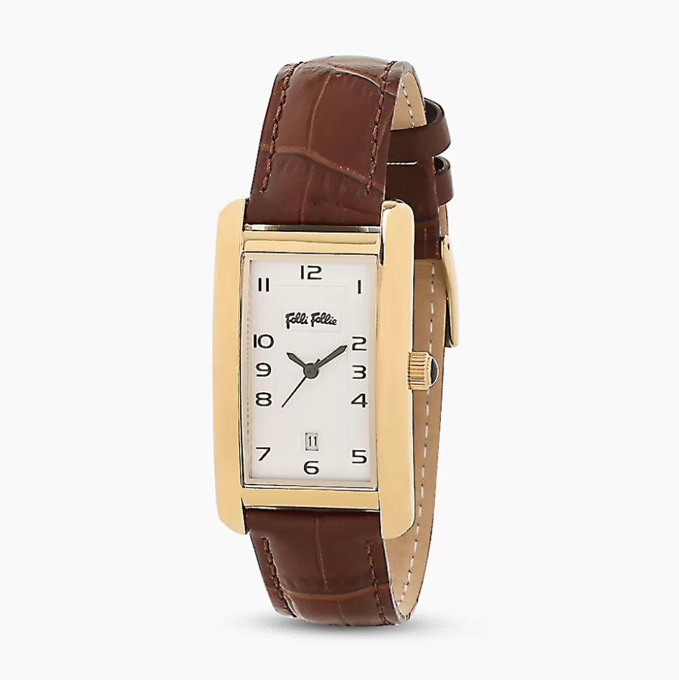 Women Folli Follie Leather Strap^Think Tank Gold Plated Watch With Brown Leather Strap