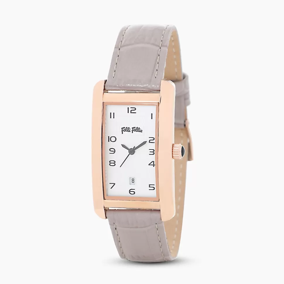 Women Folli Follie Leather Strap^Think Tank Rose Gold Plated Watch With Gray Leather Strap