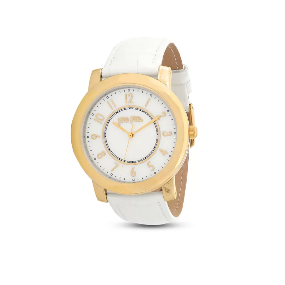 Women Folli Follie Leather Strap^Vibrant Memoriesleather Strap Gold Plated Watch