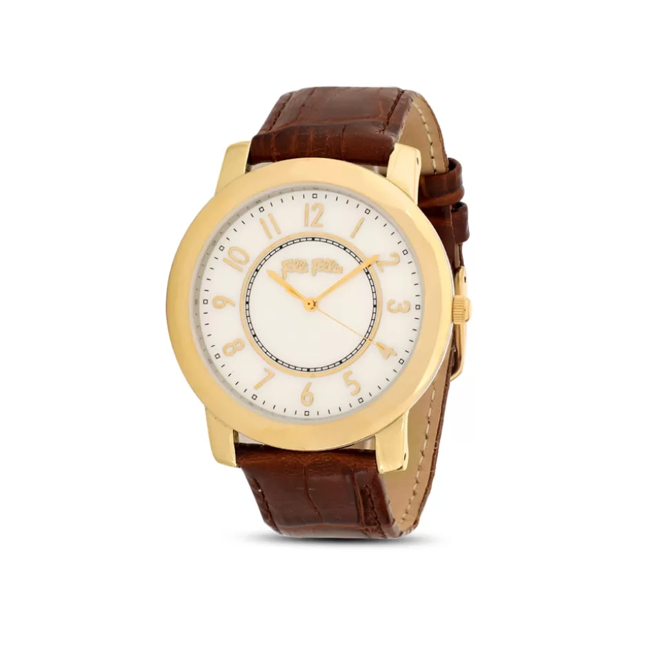 Women Folli Follie Leather Strap^Vibrant Memoriesleather Strap Gold Plated Watch