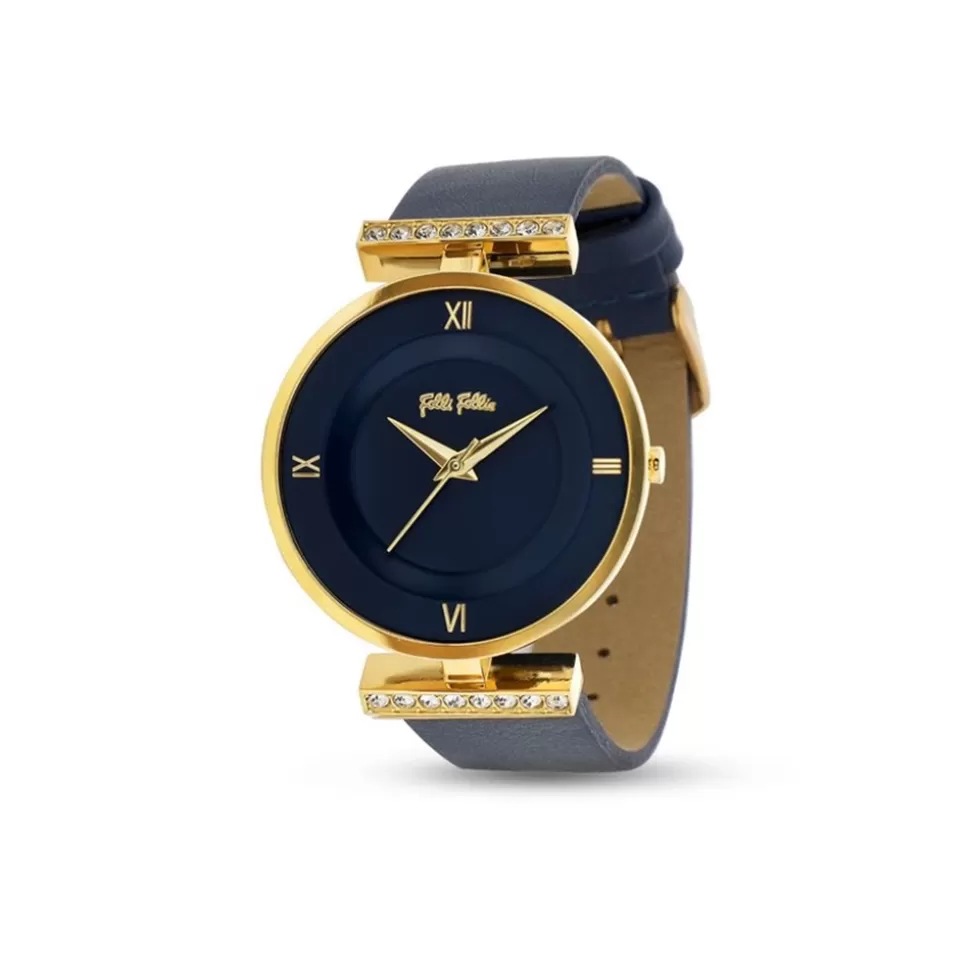 Women Folli Follie Leather Strap^Vintage Dynasty Gold Plated Watch With Blue Leather Strap
