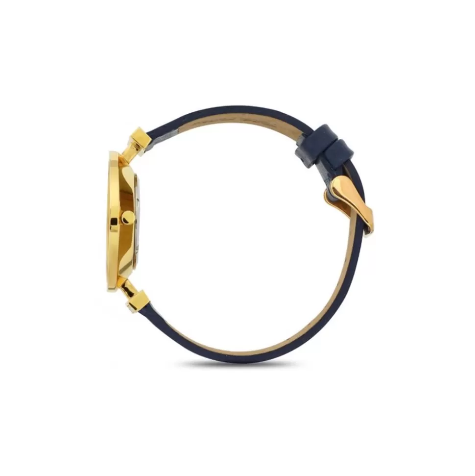 Women Folli Follie Leather Strap^Vintage Dynasty Gold Plated Watch With Blue Leather Strap