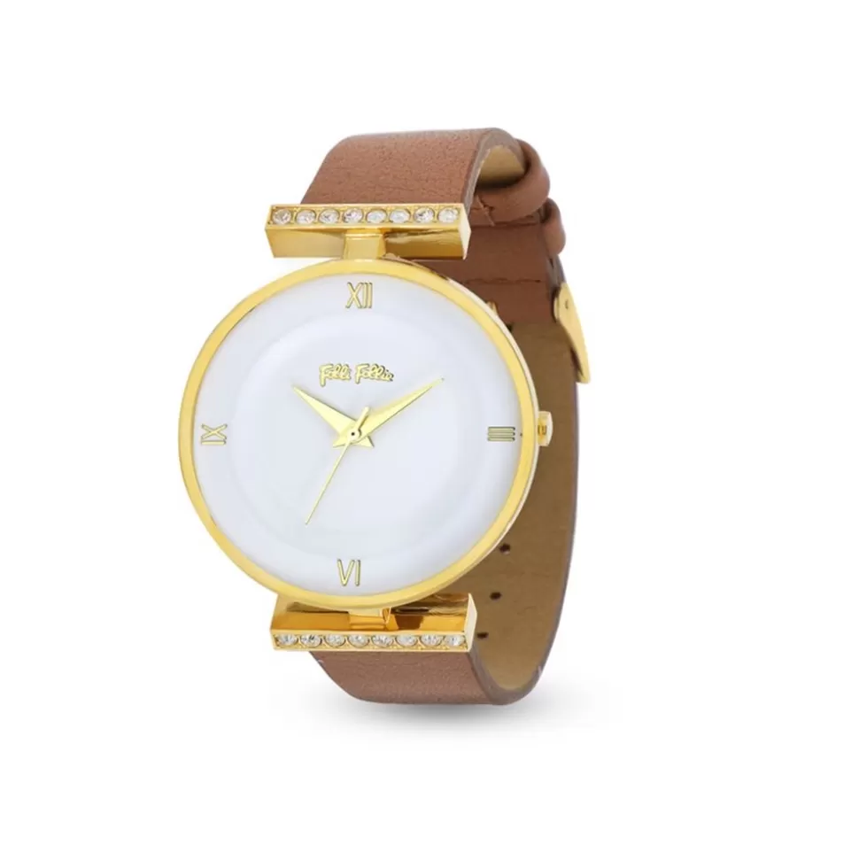 Women Folli Follie Leather Strap^Vintage Dynasty Gold Plated Watch Withleather Strap
