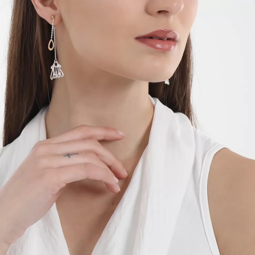 Women Folli Follie Earrings^Winged Spirit Long Bicolor Silver Dangle Earrings With Wing Motif And Chains