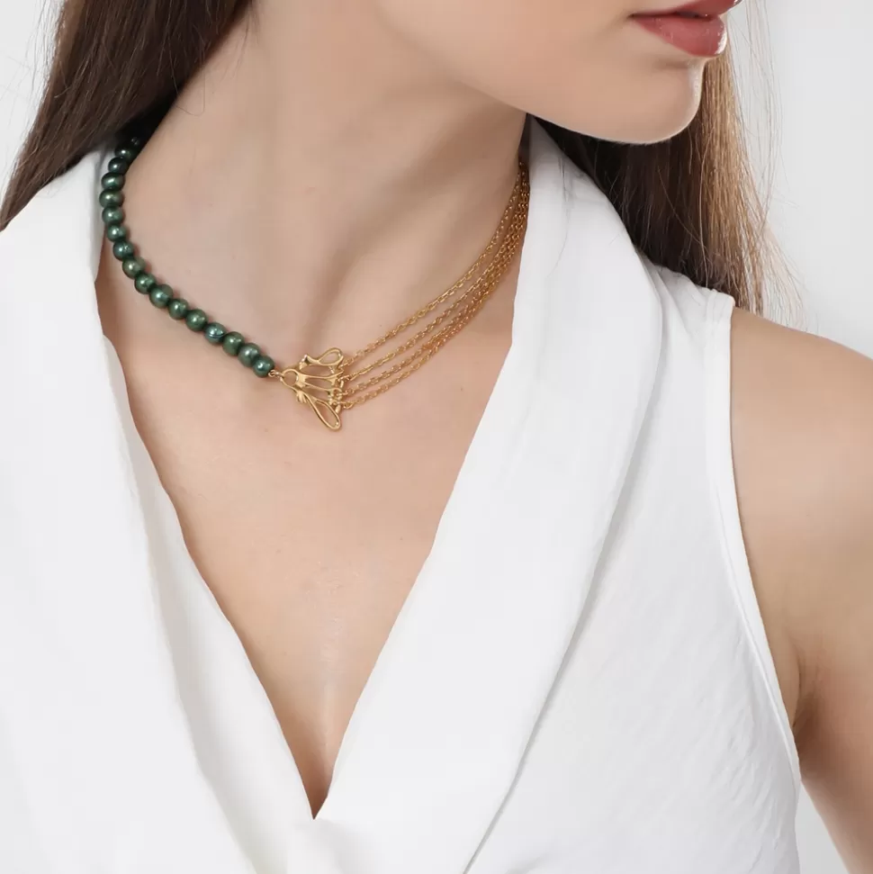 Women Folli Follie Necklaces^Winged Spirit Short Gold Plated Chain Necklace With Pearls And Wing Motif