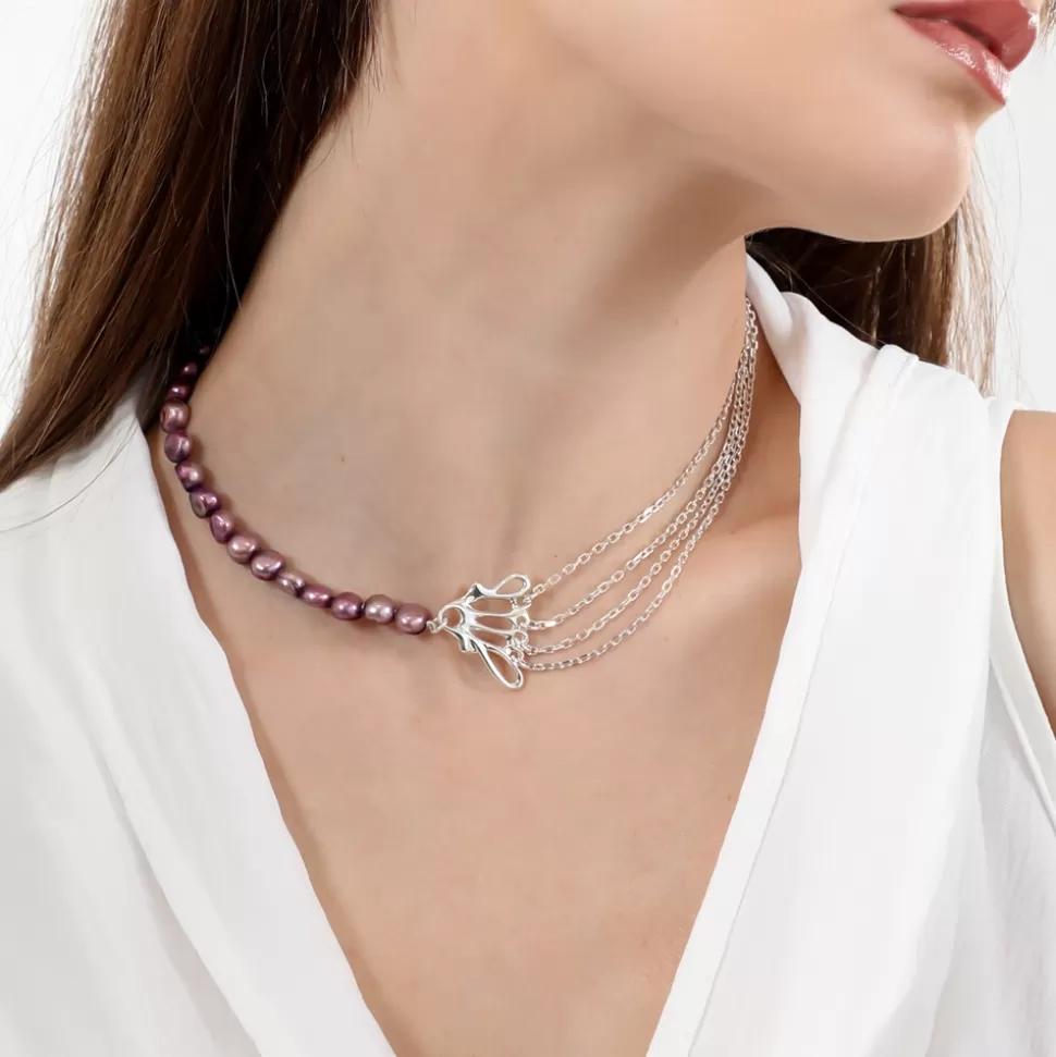 Women Folli Follie Necklaces^Winged Spirit Short Silver Chain Necklace With Pearls And Wing Motif